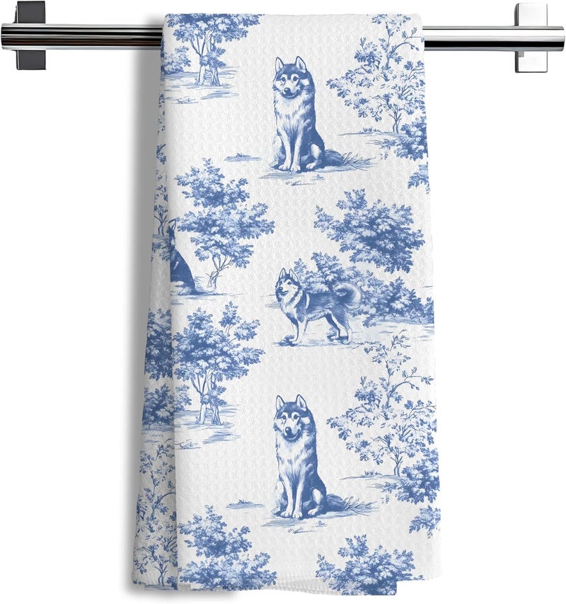 Nipil Chinoiserie Husky Dog Kitchen Towels,Blue and White Floral Botanical Husky Grandmillennial Weiner Dog Decorative Hand Towels for Kitchen Bathroom,16x24 Inch - Image 1